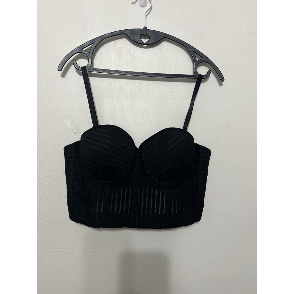 Black Pinstripe Push Up Hook‎ & Eye Back Bra Top Sexy Corset Bustier Cami M Goth